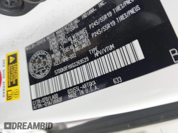 2016 Toyota Highlander Limited with VIN 5TDDKRFHXGS269529, listed as a IAAI auction lot 42365574 with 108,241 mi miles and . Bid and sale history available at DreamBid. Image 9.