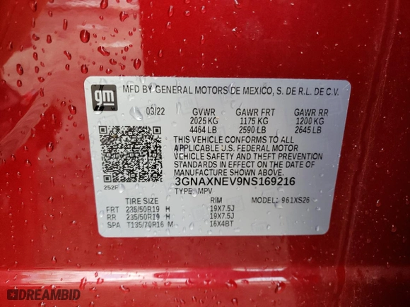 2022 Chevrolet Equinox Premier with VIN 3GNAXNEV9NS169216, listed as a Copart auction lot 44738005 with 49,112 mi miles and Salvage Title. Bid and sale history available at carsss.com. Image 14.