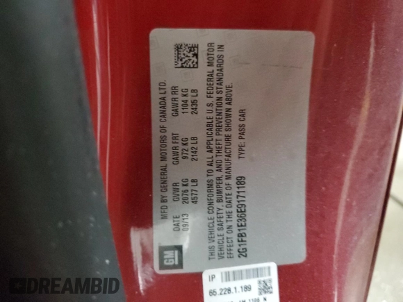2014 Chevrolet Camaro LT with VIN 2G1FB1E36E9171189, listed as a Copart auction lot 57162165 with 117,192 mi miles and Salvage title. Bid and sale history available at DreamBid. Image 12.