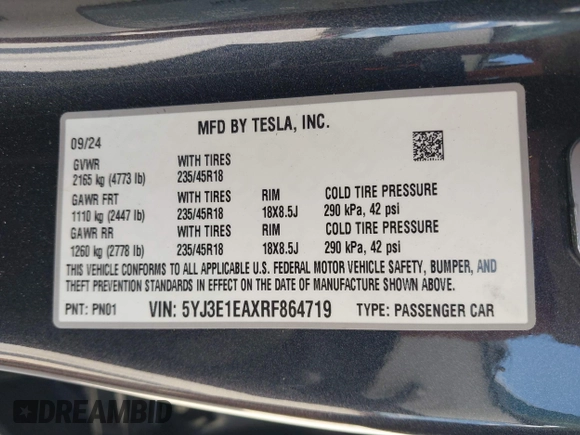 2024 Tesla Model 3 z VIN 5YJ3E1EAXRF864719, wystawiony jako IAAI lot #42129944 z przebiegiem 3 776 mil mil oraz . Historia ofert i sprzedaży dostępna na DreamBid. Obrazek 9.
