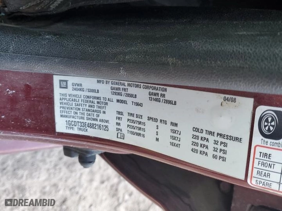 2008 Chevrolet Colorado LT w/1LT with VIN 1GCDT33E488216125, listed as a Copart auction lot 45161145 with 201,386 mi miles and Salvage Title. Bid and sale history available at carsss.com. Image 14.