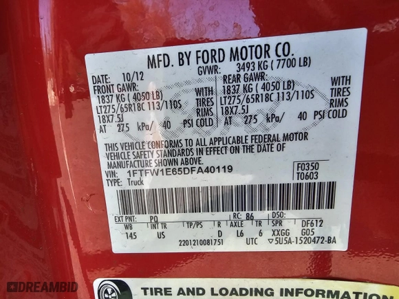 2013 Ford F-150 XLT with VIN 1FTFW1E65DFA40119, listed as a Copart auction lot 47885525 with 180,430 mi miles and Clean Title. Bid and sale history available at carsss.com. Image 10.