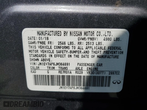 2018 Infiniti Q50 Luxe with VIN JN1EV7AP6JM364691, listed as a Copart auction lot 61680685 with 103,370 mi miles and Salvage title. Bid and sale history available at DreamBid. Image 12.