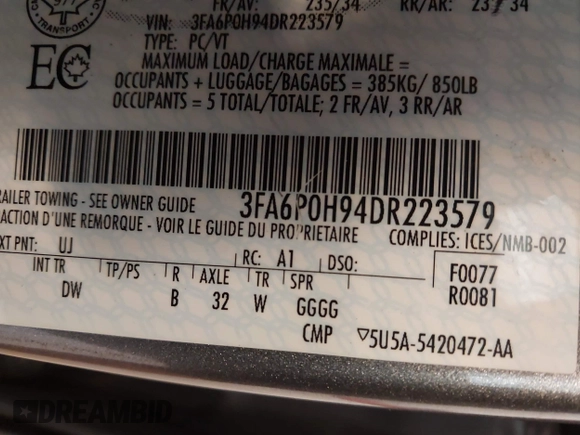 2013 Ford Fusion SE with VIN 3FA6P0H94DR223579, listed as a IAAI auction lot 42400728 with 301,155 mi miles and . Bid and sale history available at DreamBid. Image 9.