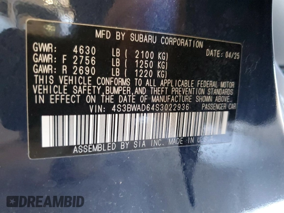 2025 Subaru Legacy Premium z VIN 4S3BWAD64S3022936, wystawiony jako Copart lot #63053345 z przebiegiem 3 460 mil mil oraz Czysty tytuł • Clean title. Historia ofert i sprzedaży dostępna na DreamBid. Obrazek 13.