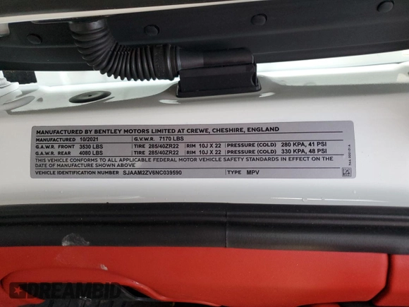 2022 Bentley Bentayga V8 z VIN SJAAM2ZV6NC039590, wystawiony jako Copart lot #85567404 z przebiegiem Nie podano mil oraz Szkoda całkowita • Salvage title. Historia ofert i sprzedaży dostępna na DreamBid. Obrazek 13.