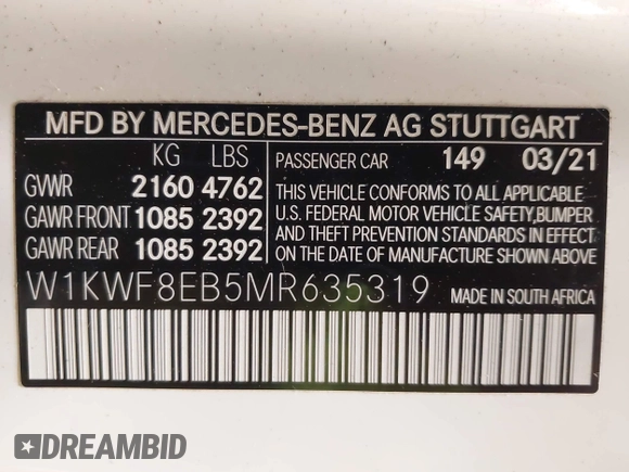 2021 Mercedes-Benz C 300 with VIN W1KWF8EB5MR635319, listed as a IAAI auction lot 42340370 with 14,301 mi miles and . Bid and sale history available at DreamBid. Image 9.