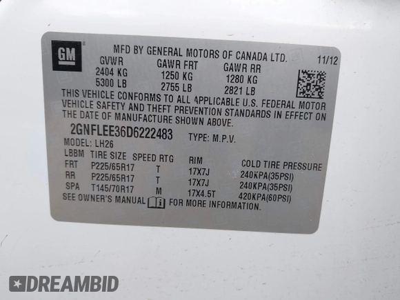 2013 Chevrolet Equinox LT with VIN 2GNFLEE36D6222483, listed as a IAAI auction lot 42006565 with 127,027 mi miles. Bid and sale history available at carsss.com. Image 9.