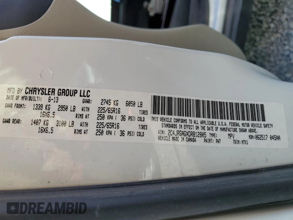 2013 Ram Cargo Van Tradesman with VIN 2C4JRGAGXDR812805, listed as a Copart auction lot 84934214 with 184,209 mi miles and Salvage Title. Bid and sale history available at carsss.com. Image 14.
