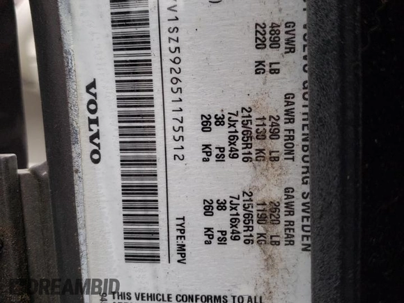 2005 Volvo XC70 with VIN YV1SZ592651175512, listed as a Copart auction lot 52962005 with 133,893 mi miles and Salvage Title. Bid and sale history available at DreamBid. Image 12.