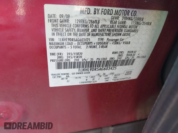 2010 Lincoln MKS with VIN 1LNHL9DR5AG603425, listed as a IAAI auction lot 41823035 with 193,513 mi miles and . Bid and sale history available at DreamBid. Image 9.