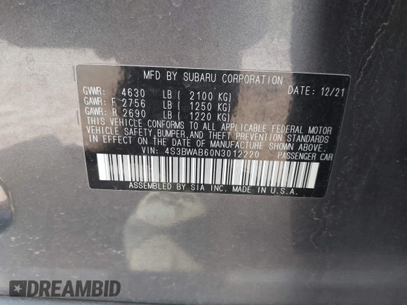 2022 Subaru Legacy with VIN 4S3BWAB60N3012220, listed as a IAAI auction lot 42235550 with 65,861 mi miles and . Bid and sale history available at DreamBid. Image 9.