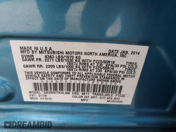 2014 Mitsubishi Outlander SE z VIN 4A4AP4AU2EE020696, wystawiony jako Copart lot #59438435 z przebiegiem Nie podano mil oraz Szkoda całkowita • Salvage title. Historia ofert i sprzedaży dostępna na DreamBid. Obrazek 14.