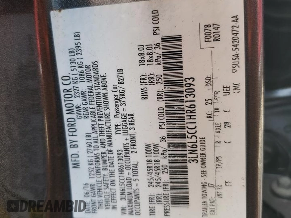 2017 Lincoln MKZ Select with VIN 3LN6L5CC1HR613093, listed as a Copart auction lot 45314395 with 65,053 mi miles and Non repairable. Bid and sale history available at DreamBid. Image 12.