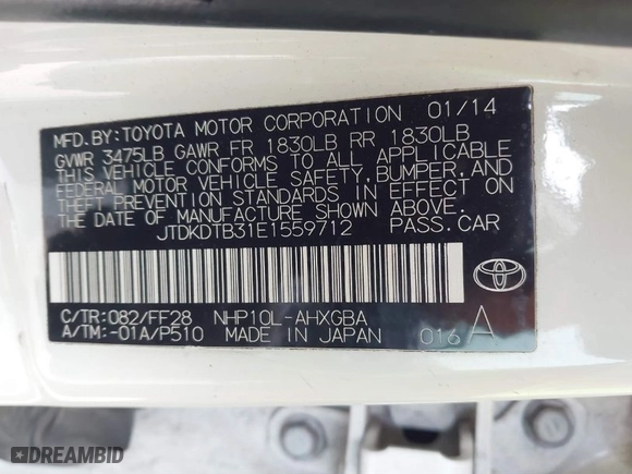 2014 Toyota Prius c One with VIN JTDKDTB31E1559712, listed as a IAAI auction lot 41286514 with 173,321 mi miles. Bid and sale history available at carsss.com. Image 9.