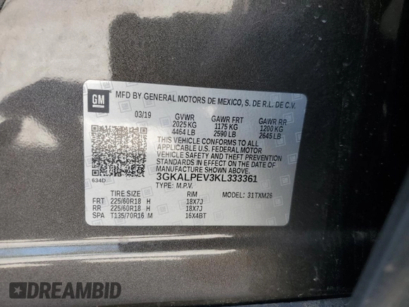 2019 GMC Terrain SLT z VIN 3GKALPEV3KL333361, wystawiony jako Copart lot #52609265 z przebiegiem 106 445 mil mil oraz Szkoda całkowita • Salvage title. Historia ofert i sprzedaży dostępna na DreamBid. Obrazek 15.