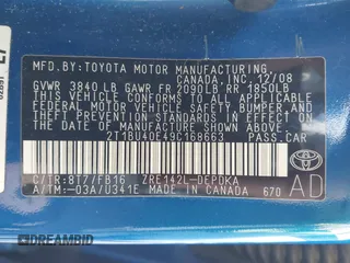 2009 Toyota Corolla with VIN 2T1BU40E49C168663, listed as a IAAI auction lot 41707834 with 54,129 mi miles. Bid and sale history available at carsss.com. Image 9.