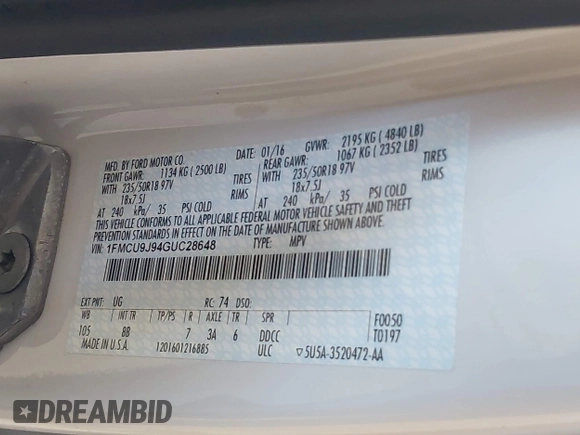 2016 Ford Escape Titanium with VIN 1FMCU9J94GUC28648, listed as a IAAI auction lot 42043761 with 82,509 mi miles and . Bid and sale history available at DreamBid. Image 9.