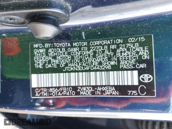2015 Toyota Prius Four with VIN JTDKN3DU4F0443298, listed as a IAAI auction lot 41896720 with 288,809 mi miles and . Bid and sale history available at carsss.com. Image 9.