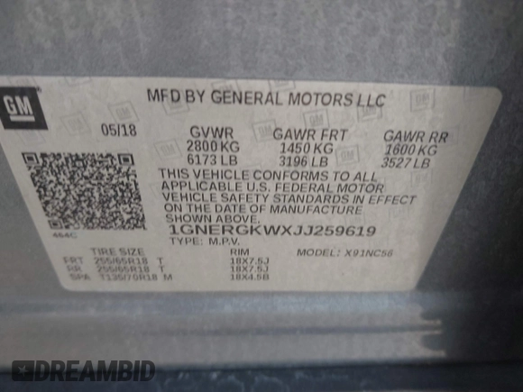 2018 Chevrolet Traverse LT Cloth with VIN 1GNERGKWXJJ259619, listed as a IAAI auction lot 41952657 with 73,174 mi miles. Bid and sale history available at carsss.com. Image 9.