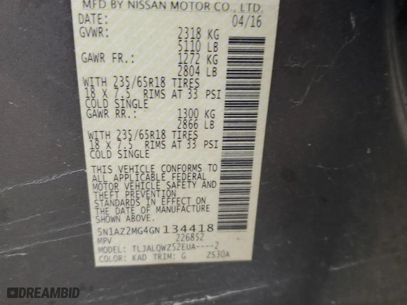 2016 Nissan Murano Platinum with VIN 5N1AZ2MG4GN134418, listed as a Copart auction lot 48913535 with 161,613 mi miles and Salvage Title. Bid and sale history available at carsss.com. Image 13.
