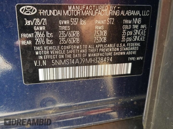 2021 Hyundai Santa Fe SE with VIN 5NMS14AJ9MH328494, listed as a Copart auction lot 56697595 with 91,158 mi miles and Salvage title. Bid and sale history available at DreamBid. Image 13.