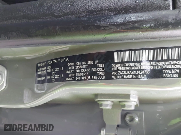 2020 Jeep Renegade Sport with VIN ZACNJBAB1LPL94733, listed as a IAAI auction lot 42310383 with 63,653 mi miles and . Bid and sale history available at DreamBid. Image 9.