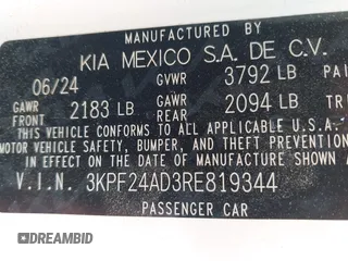 2024 Kia Forte LXS z VIN 3KPF24AD3RE819344, wystawiony jako IAAI lot #42247582 z przebiegiem 5 678 mil mil oraz . Historia ofert i sprzedaży dostępna na DreamBid. Obrazek 9.