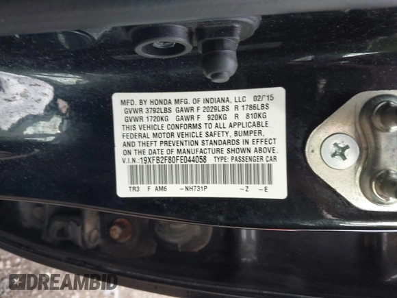 2015 Honda Civic EX with VIN 19XFB2F80FE044058, listed as a IAAI auction lot 42108396 with 134,515 mi miles and . Bid and sale history available at carsss.com. Image 9.