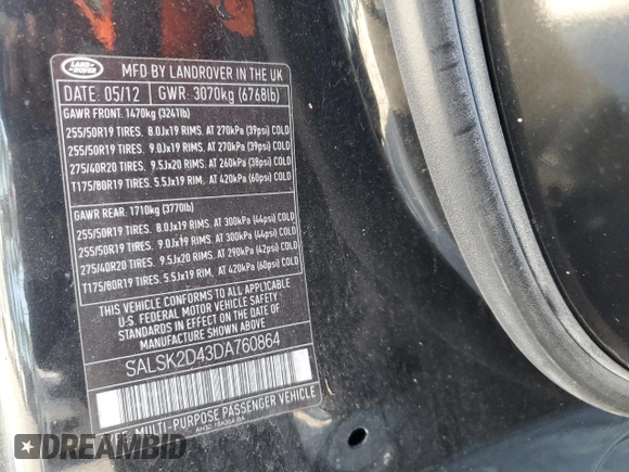 2013 Land Rover Range Rover Sport HSE Lux с VIN SALSK2D43DA760864, выставлен на аукционе Copart как лот 45391815 с пробегом 98 514 миль миль и Чистый • Clean title. История ставок и продаж доступна на DreamBid. Изображение 12.