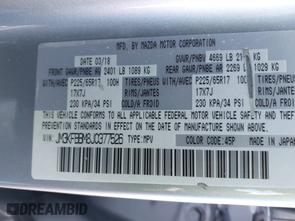 2018 Mazda CX-5 Sport with VIN JM3KFBBM8J0377526, listed as a IAAI auction lot 41592619 with 78,607 mi miles. Bid and sale history available at carsss.com. Image 9.
