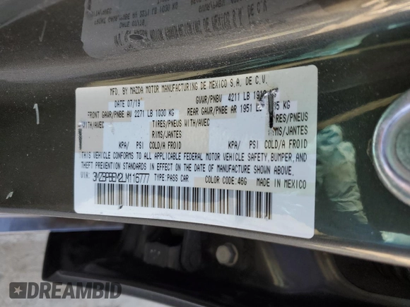 2020 Mazda 3 Premium with VIN 3MZBPBEM2LM116777, listed as a Copart auction lot 42867155 with 57,183 mi miles and Salvage Title. Bid and sale history available at DreamBid. Image 12.