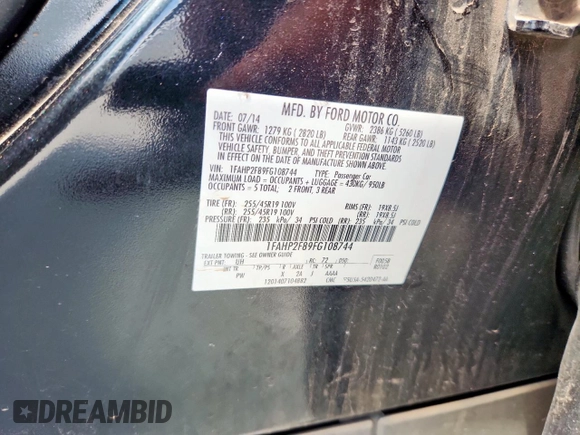 2015 Ford Taurus Limited with VIN 1FAHP2F89FG108744, listed as a Copart auction lot 59976365 with 67,181 mi miles and Salvage title. Bid and sale history available at DreamBid. Image 12.