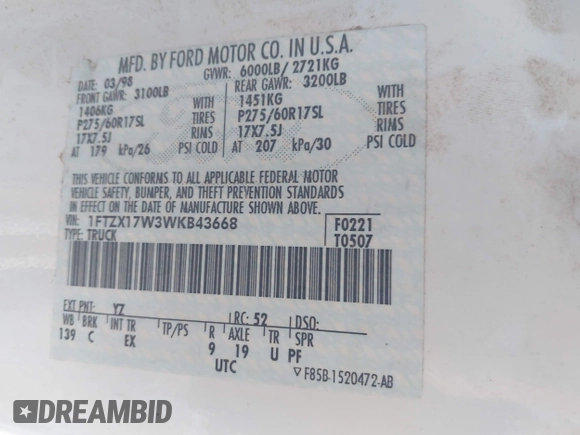 1998 Ford F-150 with VIN 1FTZX17W3WKB43668, listed as a IAAI auction lot 41243322 with 154,780 mi miles and . Bid and sale history available at DreamBid. Image 9.