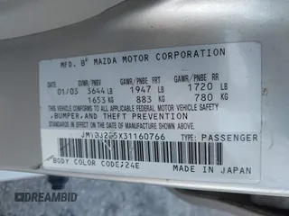 2003 Mazda Protege DX with VIN JM1BJ225X31160766, listed as a IAAI auction lot 41941361 with 190,125 mi miles and . Bid and sale history available at DreamBid. Image 9.