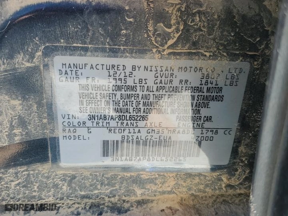2013 Nissan Sentra SL with VIN 3N1AB7AP8DL652265, listed as a Copart auction lot 48807455 with 0 mi miles and Salvage Title. Bid and sale history available at carsss.com. Image 15.