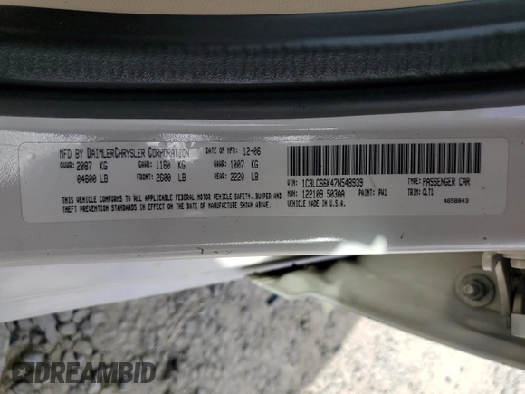 2007 Chrysler Sebring Limited z VIN 1C3LC66K47N548939, wystawiony jako Copart lot #78878654 z przebiegiem 196 168 mil mil oraz Szkoda całkowita • Salvage title. Historia ofert i sprzedaży dostępna na DreamBid. Obrazek 14.
