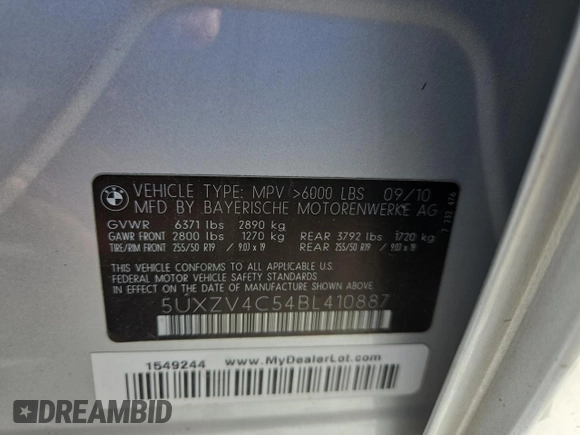 2011 BMW X5 35i with VIN 5UXZV4C54BL410887, listed as a Copart auction lot 52511755 with 111,777 mi miles and Clean Title. Bid and sale history available at carsss.com. Image 10.