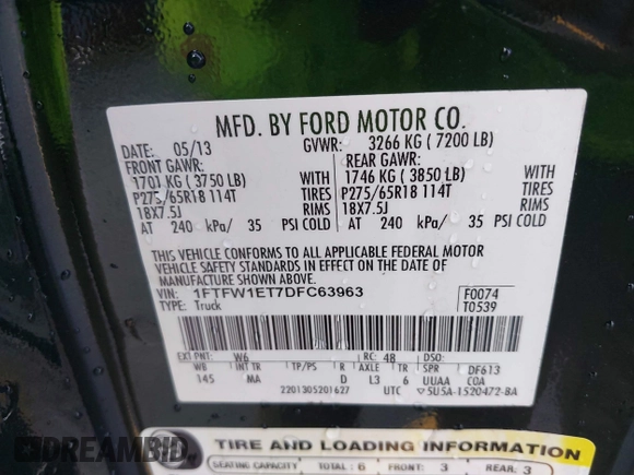 2013 Ford F-150 XL with VIN 1FTFW1ET7DFC63963, listed as a IAAI auction lot 42239365 with 125,980 mi miles and . Bid and sale history available at DreamBid. Image 9.