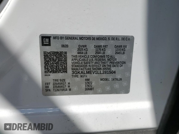 2020 GMC Terrain SLE z VIN 3GKALMEV1LL281504, wystawiony jako Copart lot #50687545 z przebiegiem 58 020 mil mil oraz Szkoda całkowita • Salvage title. Historia ofert i sprzedaży dostępna na DreamBid. Obrazek 14.