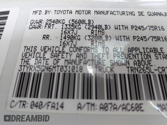 2021 Toyota Tacoma SR with VIN 3TYRX5GN6MT031018, listed as a IAAI auction lot 42276988 with Not provided miles and . Bid and sale history available at DreamBid. Image 9.