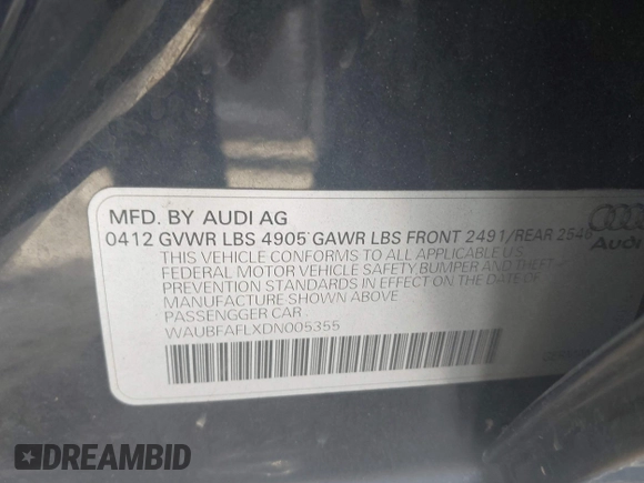 2013 Audi A4 Premium с VIN WAUBFAFLXDN005355, выставлен на аукционе IAAI как лот 41777434 с пробегом 173 481 миль миль и . История ставок и продаж доступна на DreamBid. Изображение 9.
