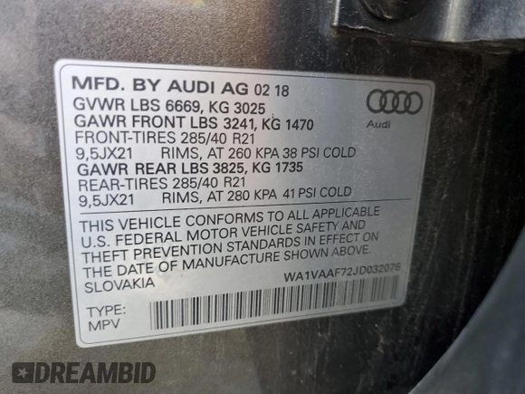 2018 Audi Q7 Prestige with VIN WA1VAAF72JD032076, listed as a Copart auction lot 57638005 with 211,242 mi miles and Salvage title. Bid and sale history available at DreamBid. Image 13.