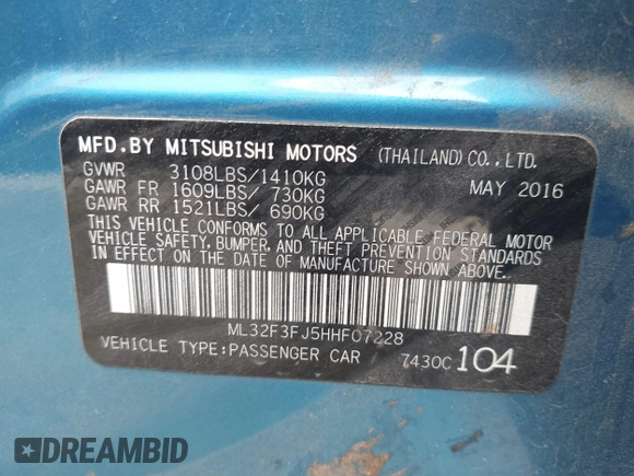2017 Mitsubishi Mirage G4 ES with VIN ML32F3FJ5HHF07228, listed as a IAAI auction lot 42100048 with 149,303 mi miles. Bid and sale history available at carsss.com. Image 9.