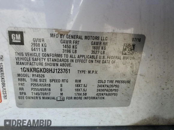2017 Chevrolet Traverse LT with VIN 1GNKRGKD8HJ123761, listed as a Copart auction lot 49299165 with 321,537 mi miles and Salvage Title. Bid and sale history available at DreamBid. Image 15.