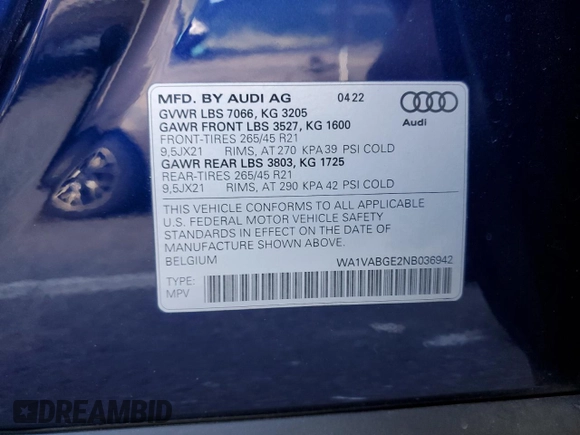 2022 Audi e-tron Chronos with VIN WA1VABGE2NB036942, listed as a Copart auction lot 89388845 with 30,373 mi miles and Salvage title. Bid and sale history available at DreamBid. Image 14.