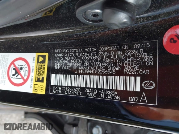 2016 Lexus CT 200h with VIN JTHKD5BH1G2256545, listed as a IAAI auction lot 41777529 with 115,574 mi miles and . Bid and sale history available at carsss.com. Image 9.