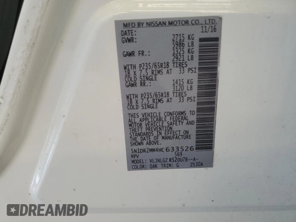 2017 Nissan Pathfinder SL with VIN 5N1DR2MM4HC633526, listed as a Copart auction lot 61256345 with 110,912 mi miles and Clean title. Bid and sale history available at DreamBid. Image 13.