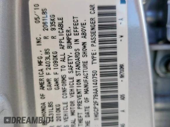 2010 Honda Accord EX with VIN 1HGCP2F79AA140750, listed as a Copart auction lot 64173865 with 163,935 mi miles and Salvage title. Bid and sale history available at DreamBid. Image 13.