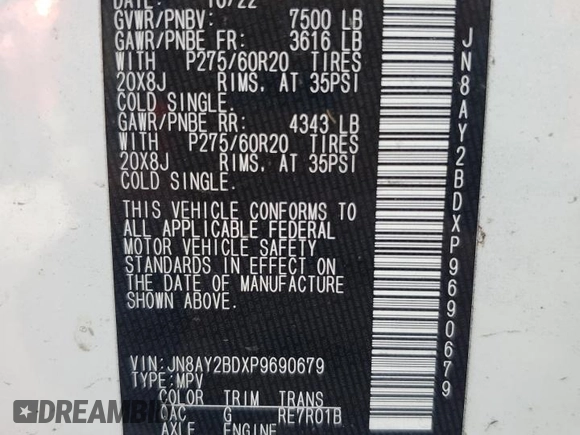 2023 Nissan Armada SL z VIN JN8AY2BDXP9690679, wystawiony jako Copart lot #59863145 z przebiegiem 20 386 mil mil oraz Szkoda całkowita • Salvage title. Historia ofert i sprzedaży dostępna na DreamBid. Obrazek 13.